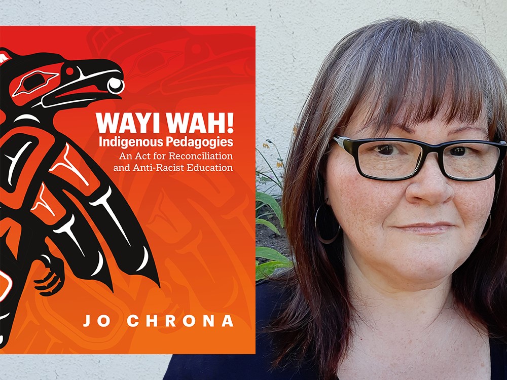 An photo of author Jo Chrona with an image of the cover of her book Wayi Wah! Indigenous Pedagogies inset.