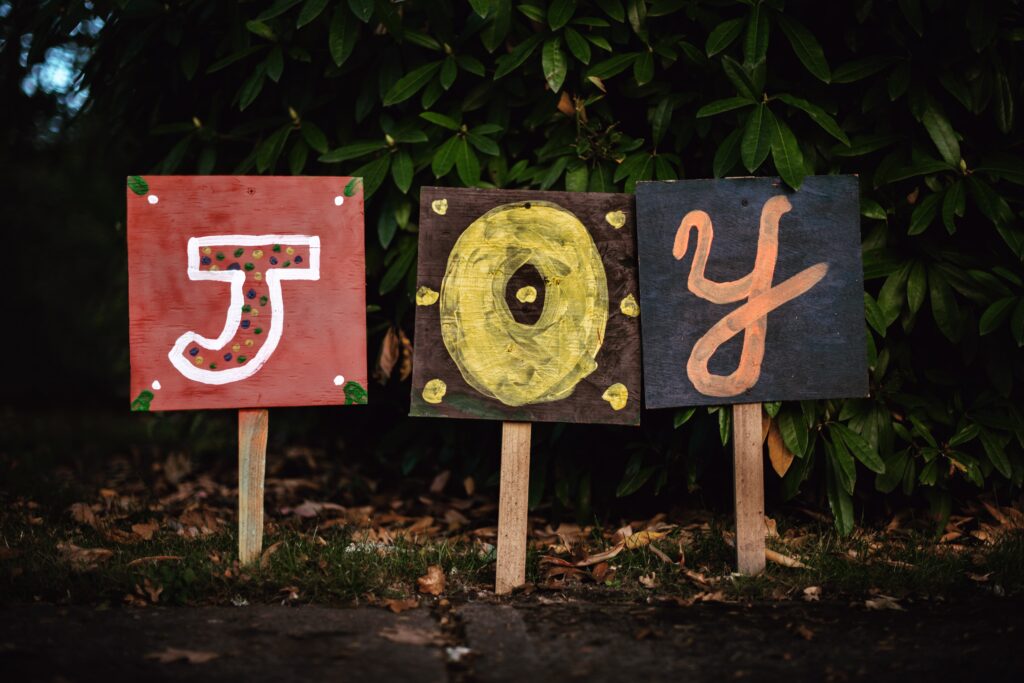 Hand painted sign that says "Joy"