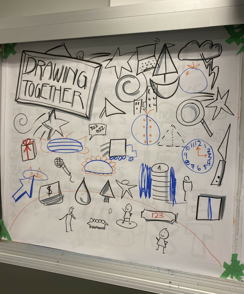 A practice sheet of visual recording small drawings that says "Drawing Together"