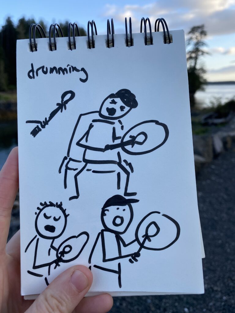 Line drawing of people drumming.