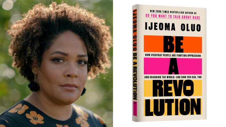 A head shot of "Be a Revolution" author Ijeoma Oluo beside her book cover.