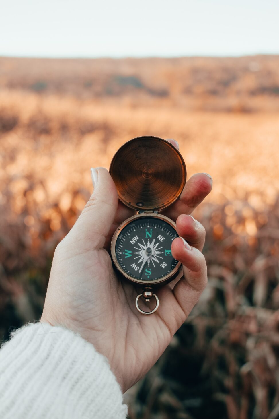 A woman's hand holding a compass in front of a meadow of dry yellowish grasses