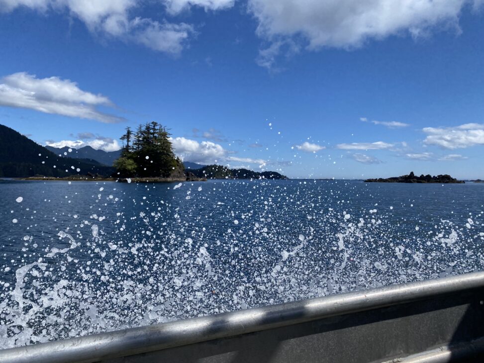 Spray from the side of boat with ocean, trees, and sky in the background