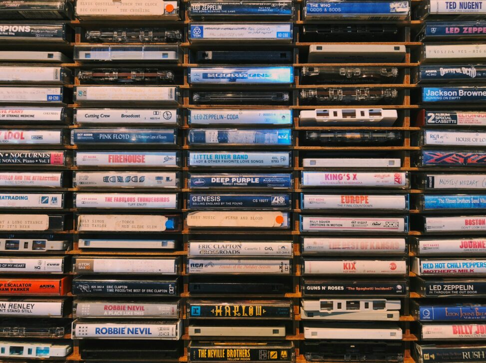 Cassette tapes on a shelf
